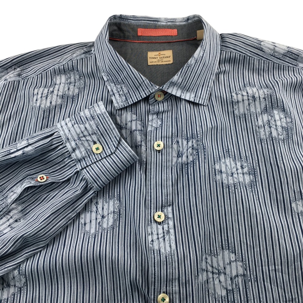 Tommy Bahama Jeans Shirt Mens XXL Blue Striped Floral Cotton Button Down